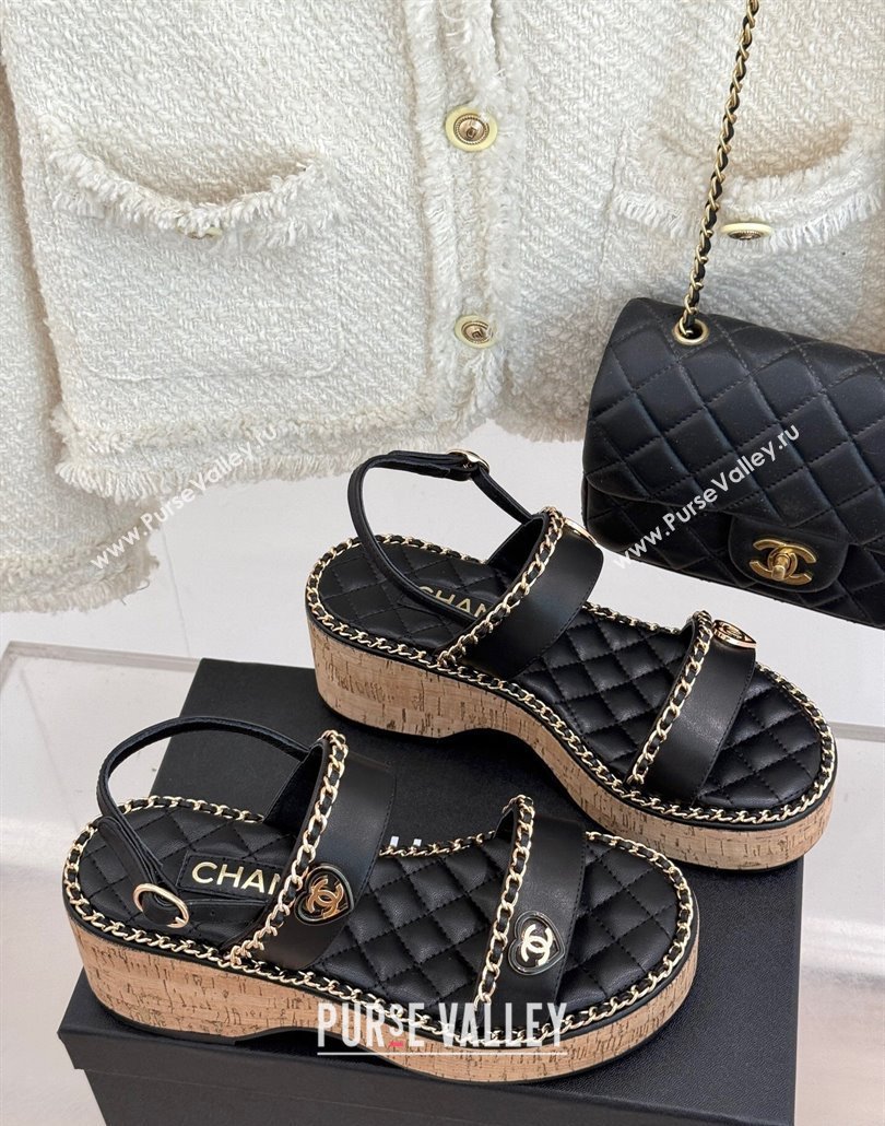 Chanel Calfskin Wedge Sandals with Chain and Heart Black 2025 CH030402 (MD-250304025)