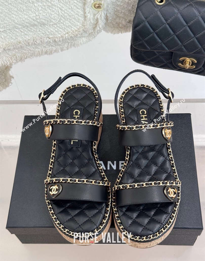 Chanel Calfskin Wedge Sandals with Chain and Heart Black 2025 CH030402 (MD-250304025)
