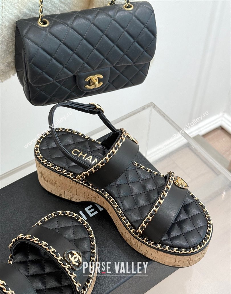Chanel Calfskin Wedge Sandals with Chain and Heart Black 2025 CH030402 (MD-250304025)