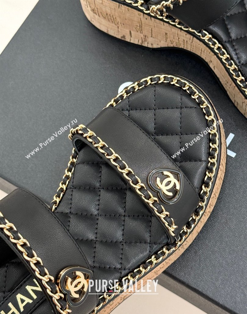 Chanel Calfskin Wedge Sandals with Chain and Heart Black 2025 CH030402 (MD-250304025)