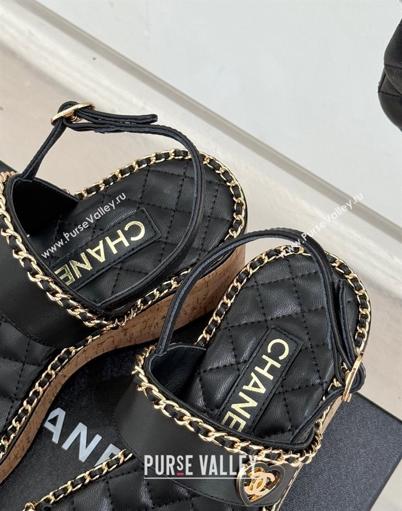 Chanel Calfskin Wedge Sandals with Chain and Heart Black 2025 CH030402 (MD-250304025)