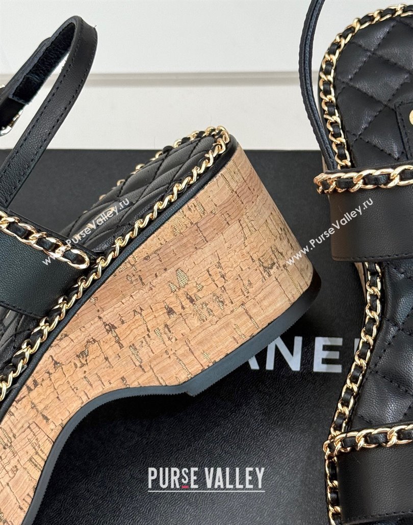Chanel Calfskin Wedge Sandals with Chain and Heart Black 2025 CH030402 (MD-250304025)