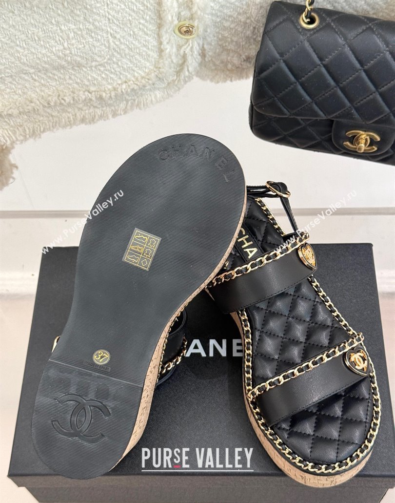 Chanel Calfskin Wedge Sandals with Chain and Heart Black 2025 CH030402 (MD-250304025)