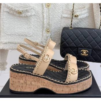 Chanel Calfskin Wedge Sandals with Chain and Heart Beige 2025 CH030402 (MD-250304026)