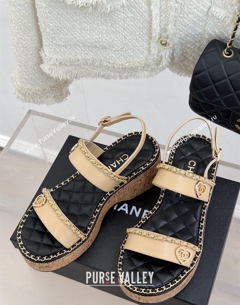 Chanel Calfskin Wedge Sandals with Chain and Heart Beige 2025 CH030402 (MD-250304026)