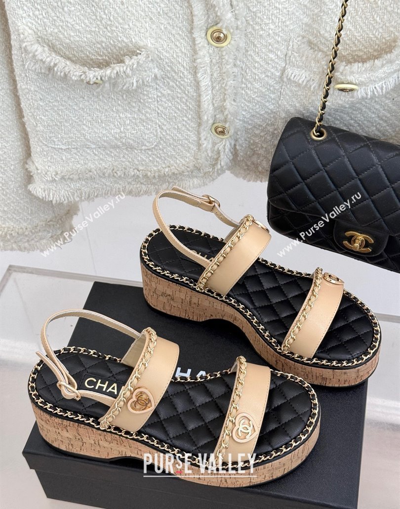 Chanel Calfskin Wedge Sandals with Chain and Heart Beige 2025 CH030402 (MD-250304026)