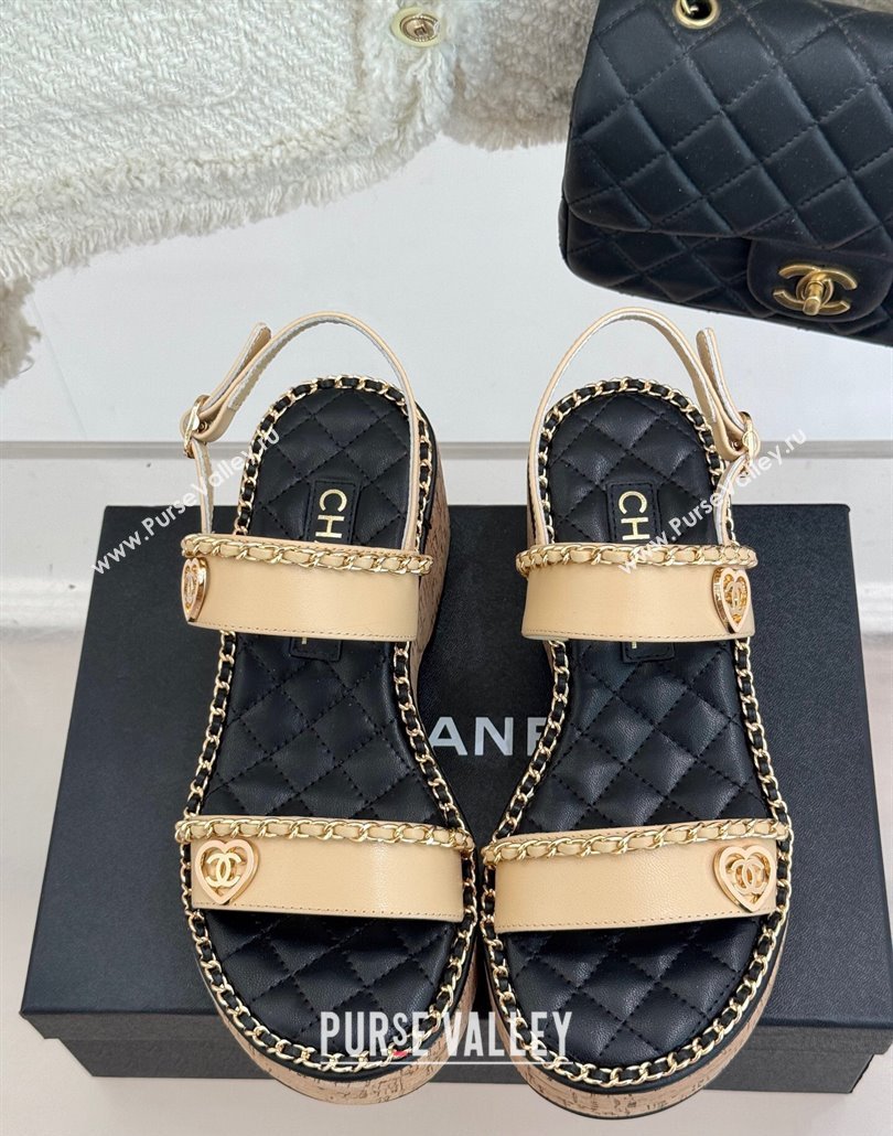 Chanel Calfskin Wedge Sandals with Chain and Heart Beige 2025 CH030402 (MD-250304026)