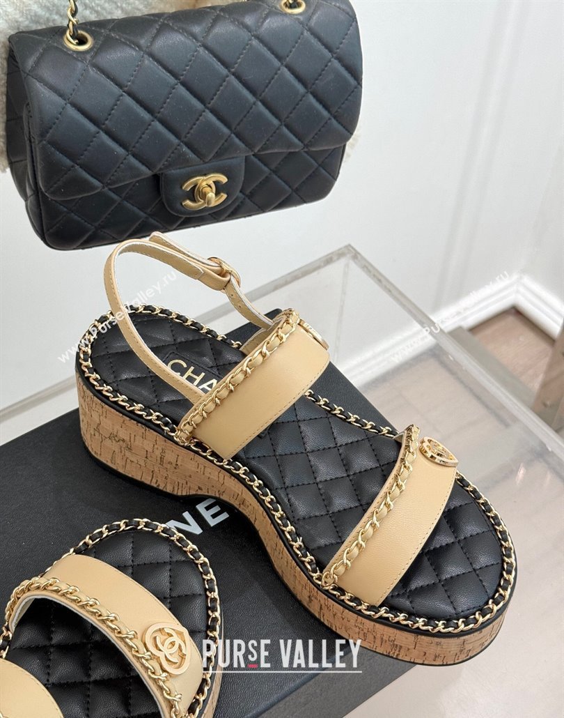 Chanel Calfskin Wedge Sandals with Chain and Heart Beige 2025 CH030402 (MD-250304026)