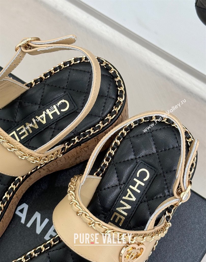Chanel Calfskin Wedge Sandals with Chain and Heart Beige 2025 CH030402 (MD-250304026)