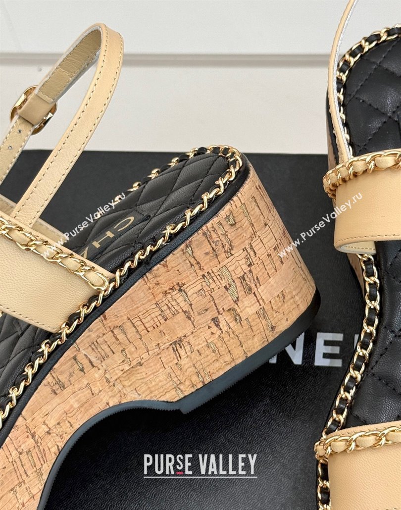 Chanel Calfskin Wedge Sandals with Chain and Heart Beige 2025 CH030402 (MD-250304026)