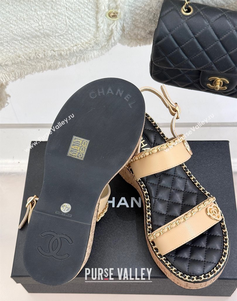 Chanel Calfskin Wedge Sandals with Chain and Heart Beige 2025 CH030402 (MD-250304026)