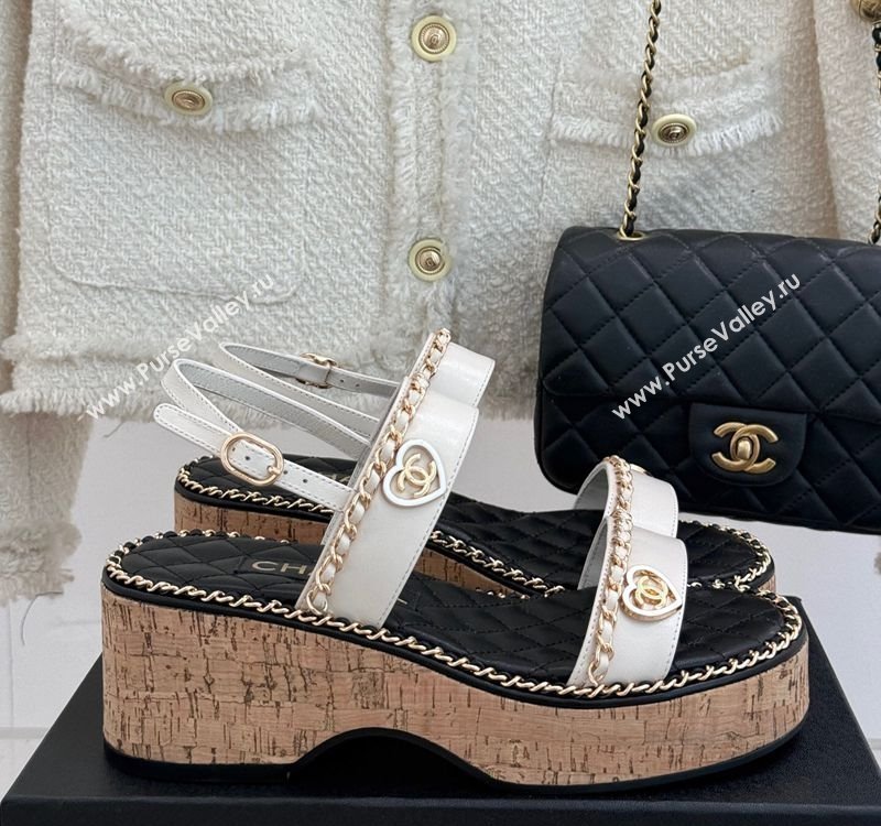 Chanel Calfskin Wedge Sandals with Chain and Heart White 2025 CH030402 (MD-250304027)