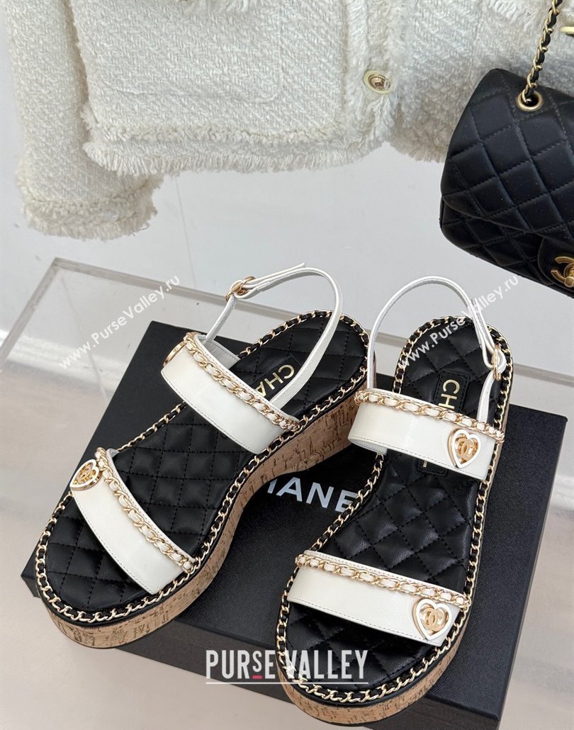 Chanel Calfskin Wedge Sandals with Chain and Heart White 2025 CH030402 (MD-250304027)