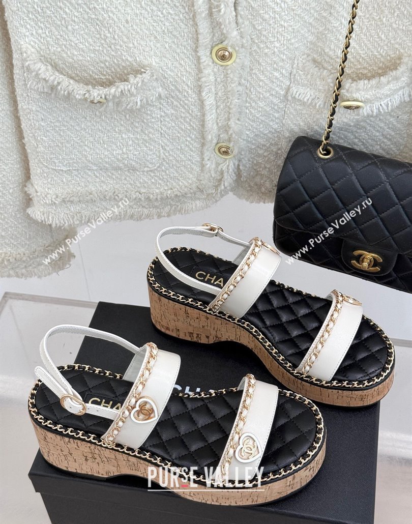 Chanel Calfskin Wedge Sandals with Chain and Heart White 2025 CH030402 (MD-250304027)