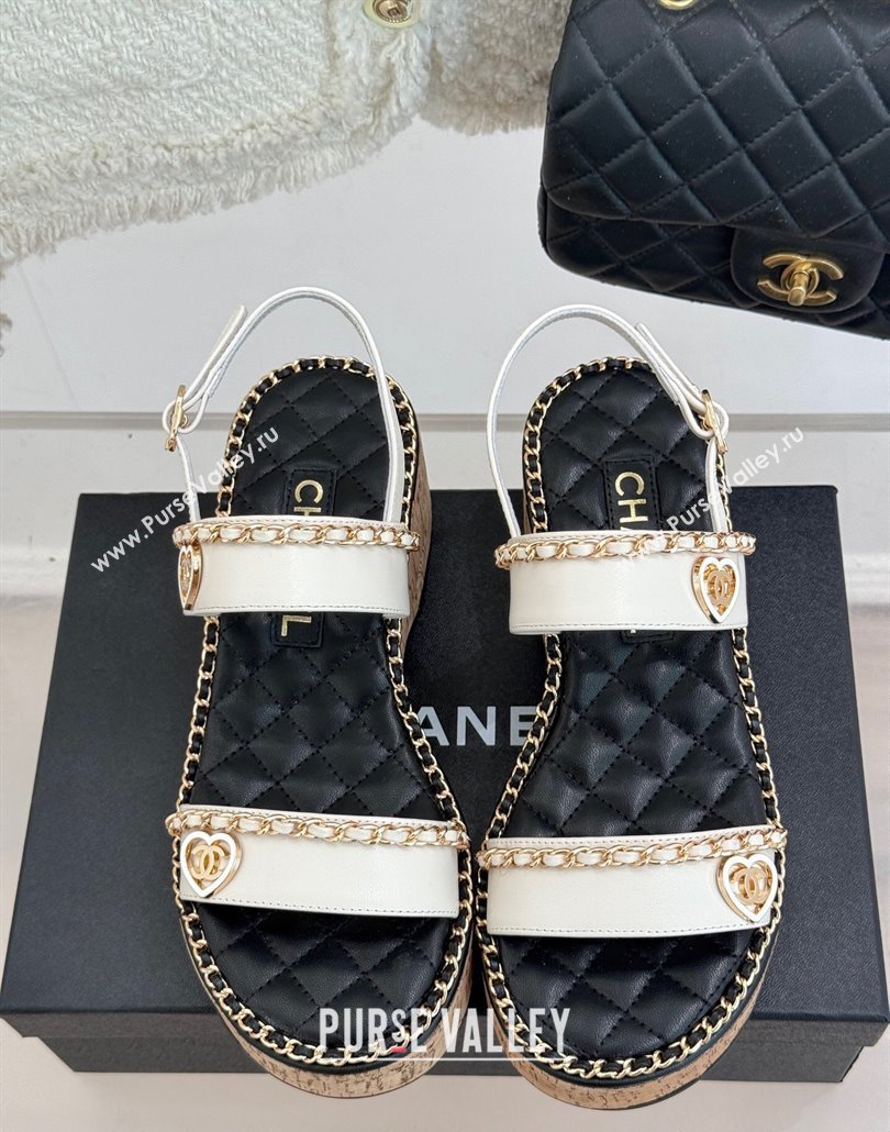 Chanel Calfskin Wedge Sandals with Chain and Heart White 2025 CH030402 (MD-250304027)