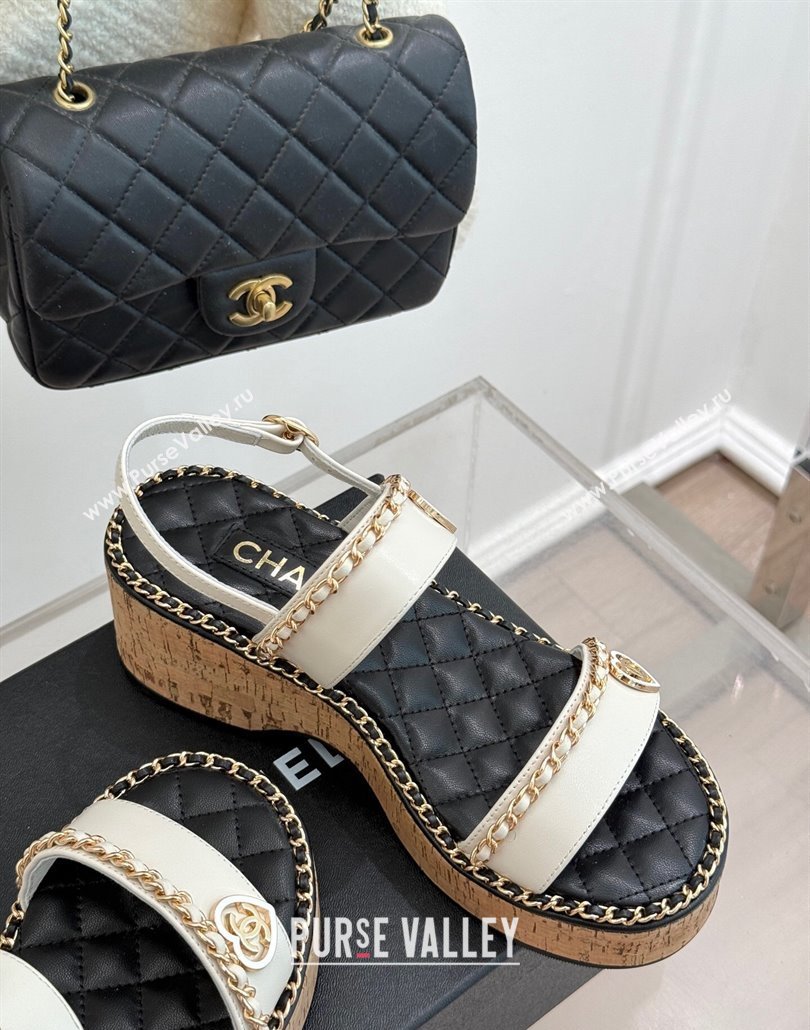 Chanel Calfskin Wedge Sandals with Chain and Heart White 2025 CH030402 (MD-250304027)