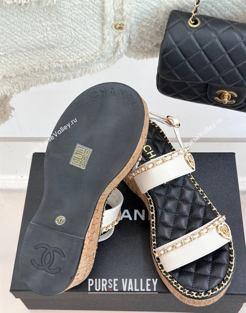 Chanel Calfskin Wedge Sandals with Chain and Heart White 2025 CH030402 (MD-250304027)