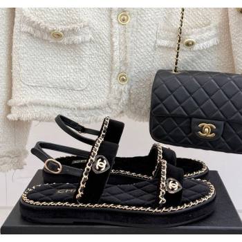 Chanel Velvet Flat Sandals with Chain and Heart Black 2025 CH030402 (MD-250304028)