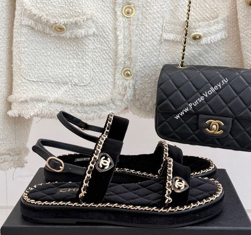 Chanel Velvet Flat Sandals with Chain and Heart Black 2025 CH030402 (MD-250304028)