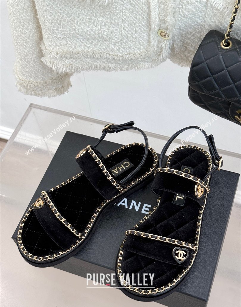 Chanel Velvet Flat Sandals with Chain and Heart Black 2025 CH030402 (MD-250304028)