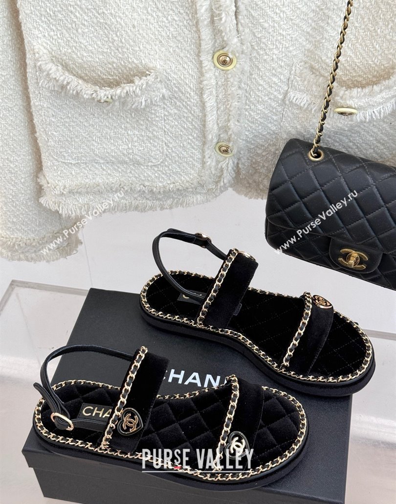 Chanel Velvet Flat Sandals with Chain and Heart Black 2025 CH030402 (MD-250304028)