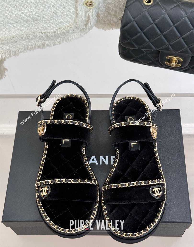 Chanel Velvet Flat Sandals with Chain and Heart Black 2025 CH030402 (MD-250304028)
