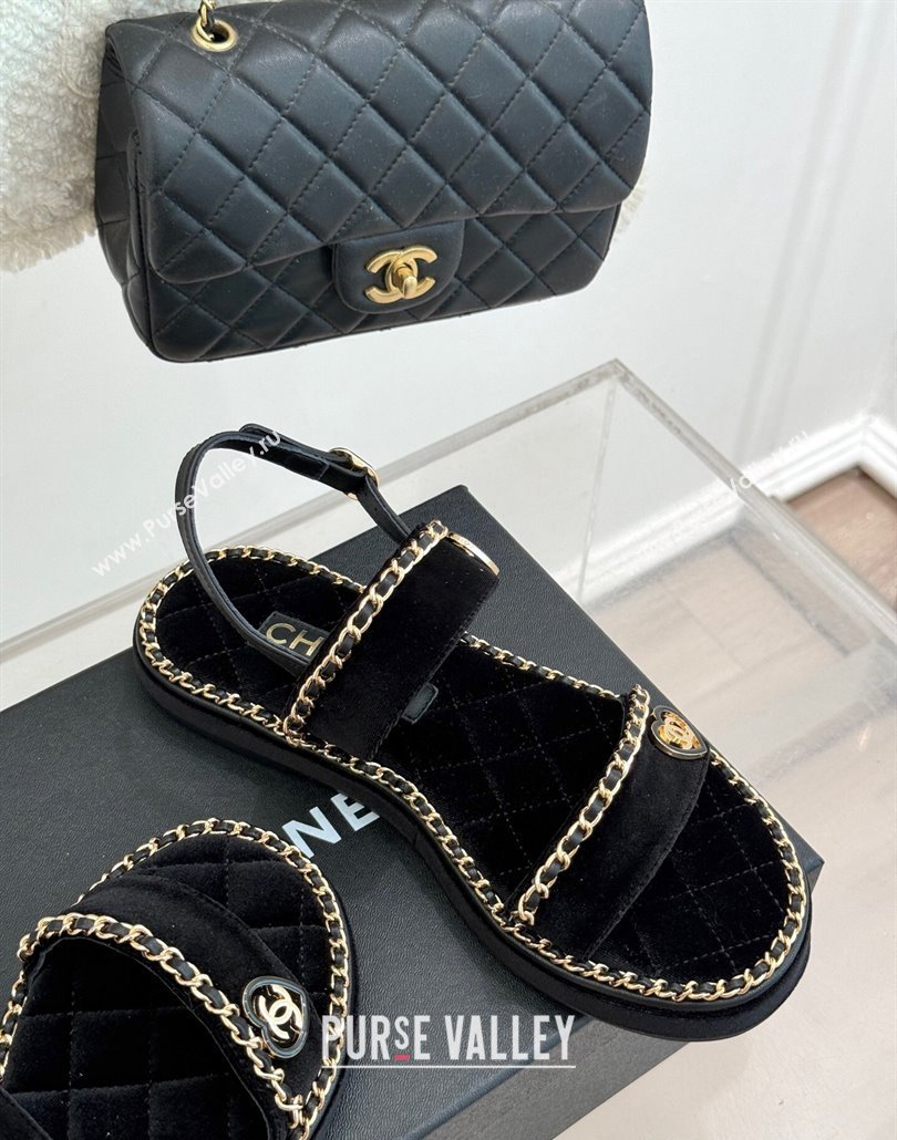 Chanel Velvet Flat Sandals with Chain and Heart Black 2025 CH030402 (MD-250304028)