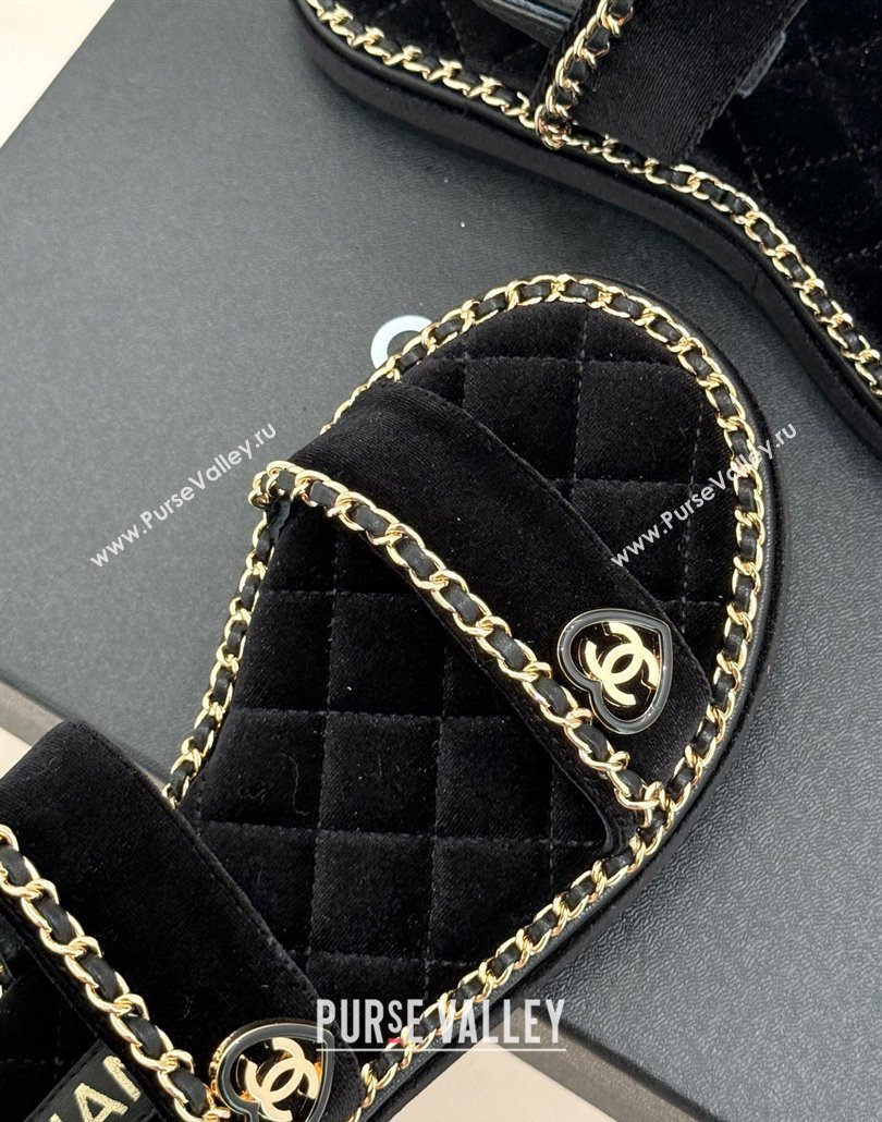 Chanel Velvet Flat Sandals with Chain and Heart Black 2025 CH030402 (MD-250304028)