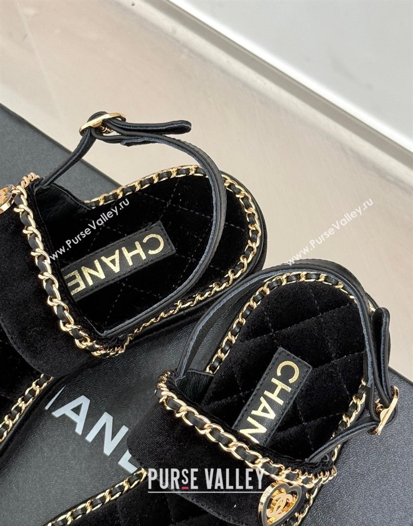 Chanel Velvet Flat Sandals with Chain and Heart Black 2025 CH030402 (MD-250304028)