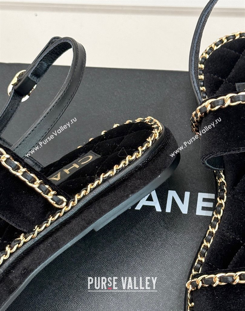 Chanel Velvet Flat Sandals with Chain and Heart Black 2025 CH030402 (MD-250304028)
