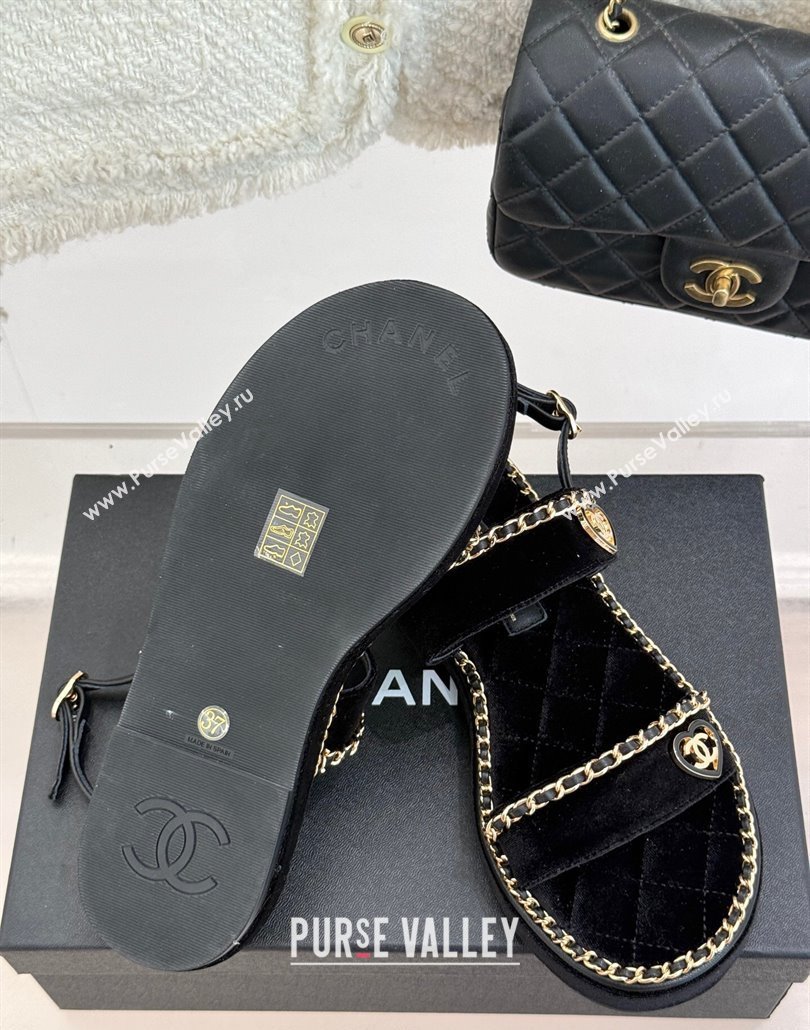 Chanel Velvet Flat Sandals with Chain and Heart Black 2025 CH030402 (MD-250304028)