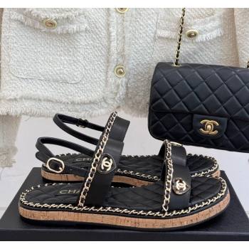 Chanel Calfskin Flat Sandals with Chain and Heart Black 2025 CH030402 (MD-250304030)