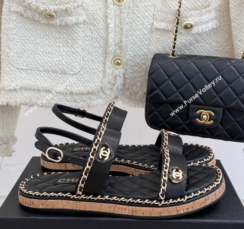 Chanel Calfskin Flat Sandals with Chain and Heart Black 2025 CH030402 (MD-250304030)