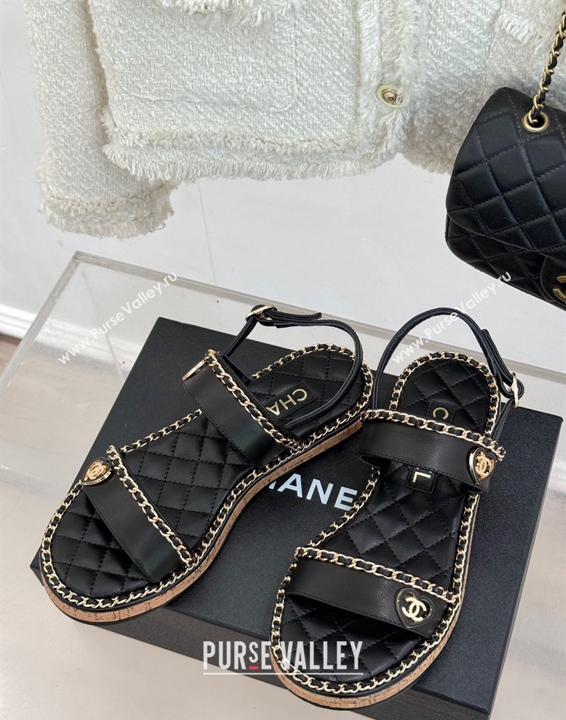 Chanel Calfskin Flat Sandals with Chain and Heart Black 2025 CH030402 (MD-250304030)