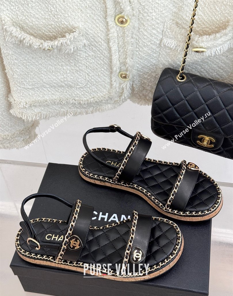 Chanel Calfskin Flat Sandals with Chain and Heart Black 2025 CH030402 (MD-250304030)