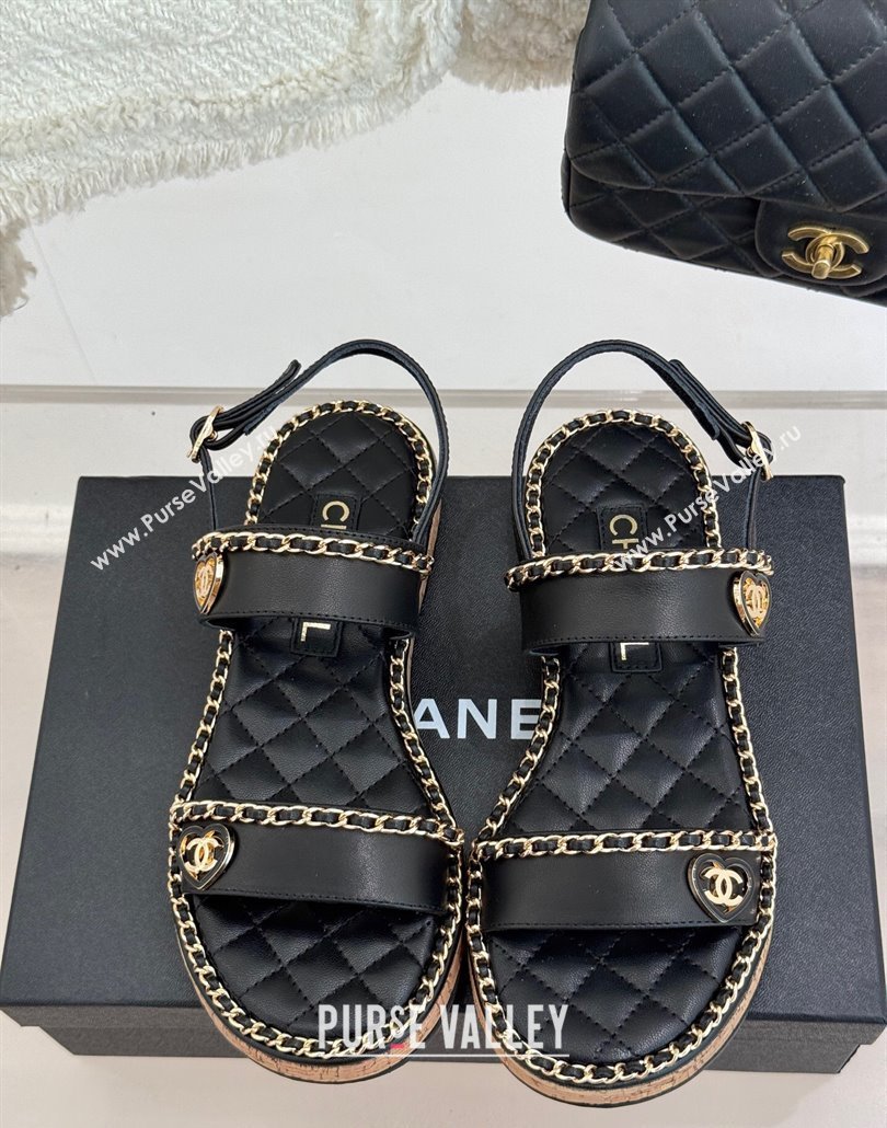 Chanel Calfskin Flat Sandals with Chain and Heart Black 2025 CH030402 (MD-250304030)