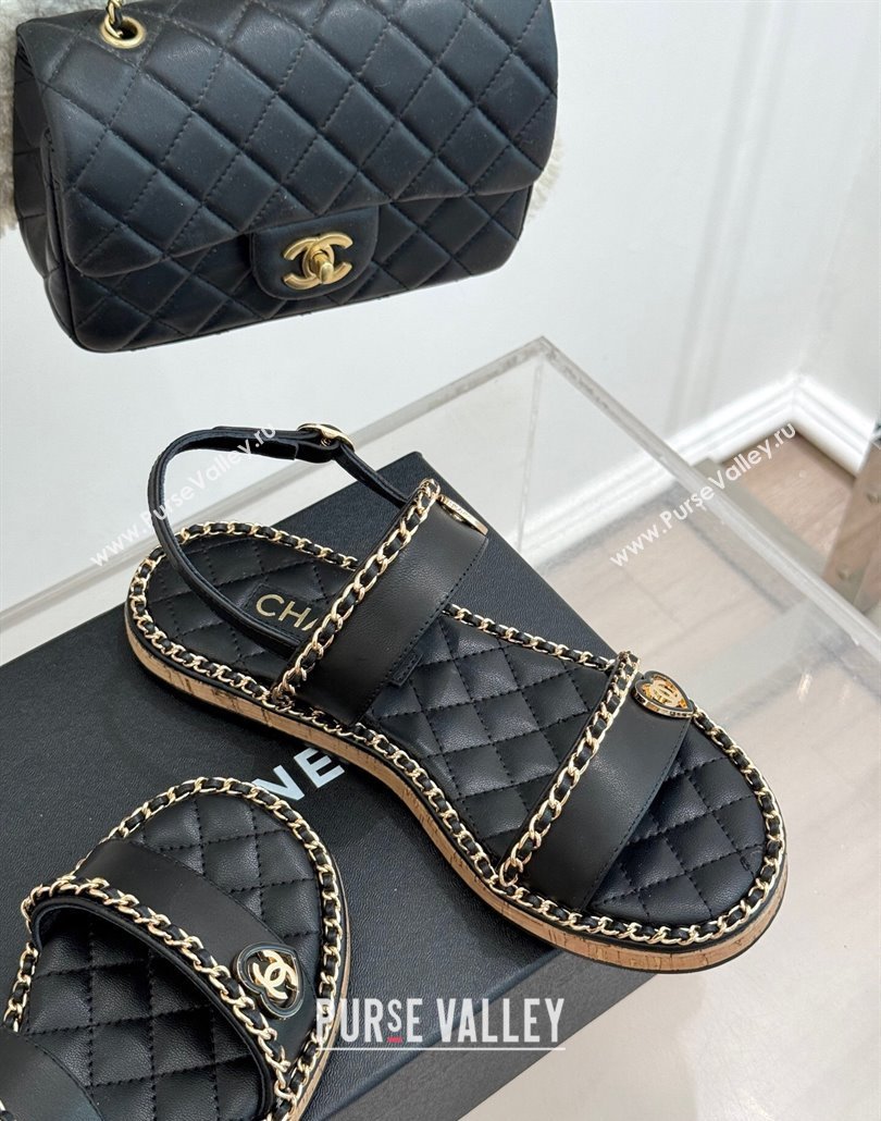 Chanel Calfskin Flat Sandals with Chain and Heart Black 2025 CH030402 (MD-250304030)