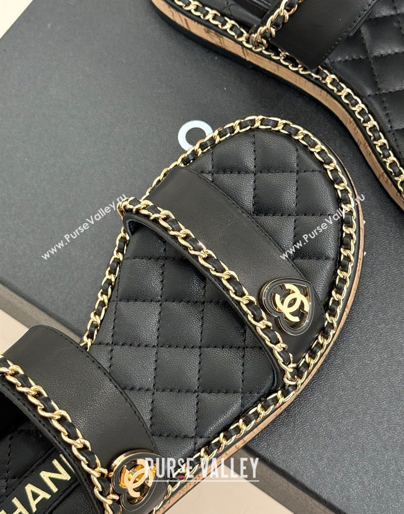 Chanel Calfskin Flat Sandals with Chain and Heart Black 2025 CH030402 (MD-250304030)