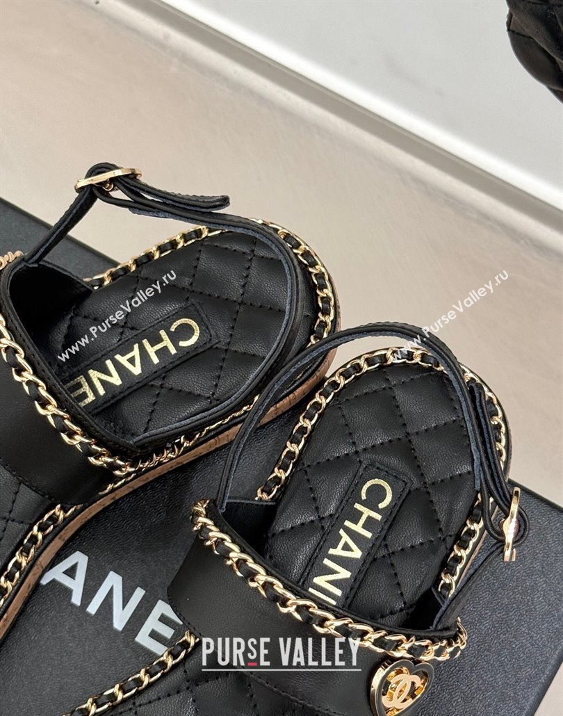 Chanel Calfskin Flat Sandals with Chain and Heart Black 2025 CH030402 (MD-250304030)