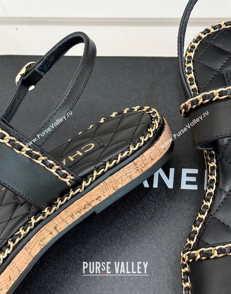 Chanel Calfskin Flat Sandals with Chain and Heart Black 2025 CH030402 (MD-250304030)