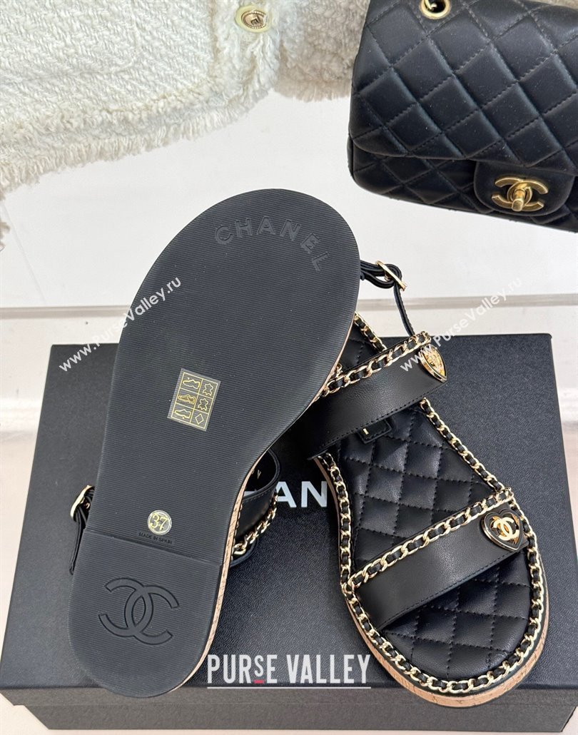 Chanel Calfskin Flat Sandals with Chain and Heart Black 2025 CH030402 (MD-250304030)