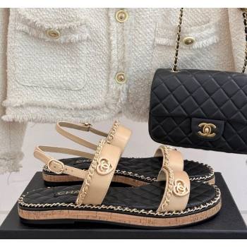 Chanel Calfskin Flat Sandals with Chain and Heart Beige 2025 CH030402 (MD-250304031)