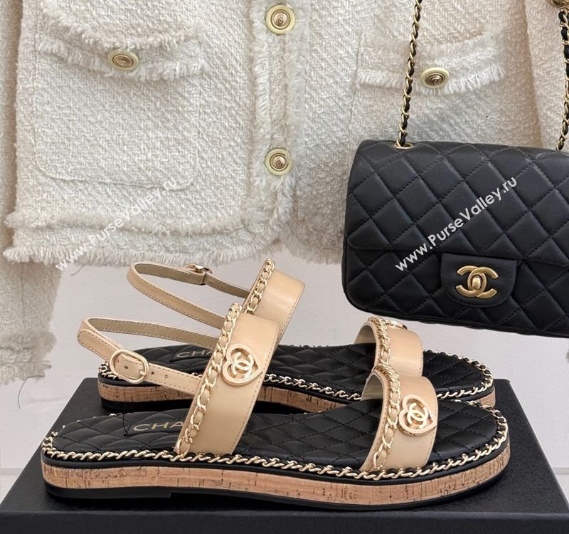 Chanel Calfskin Flat Sandals with Chain and Heart Beige 2025 CH030402 (MD-250304031)