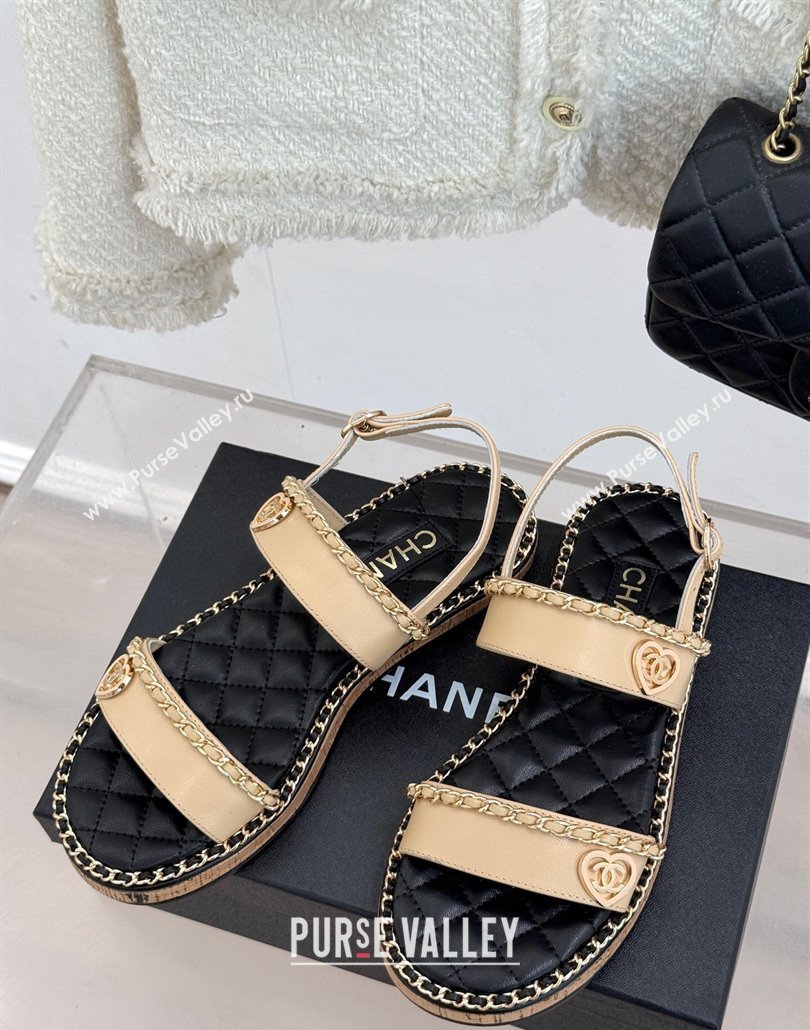 Chanel Calfskin Flat Sandals with Chain and Heart Beige 2025 CH030402 (MD-250304031)