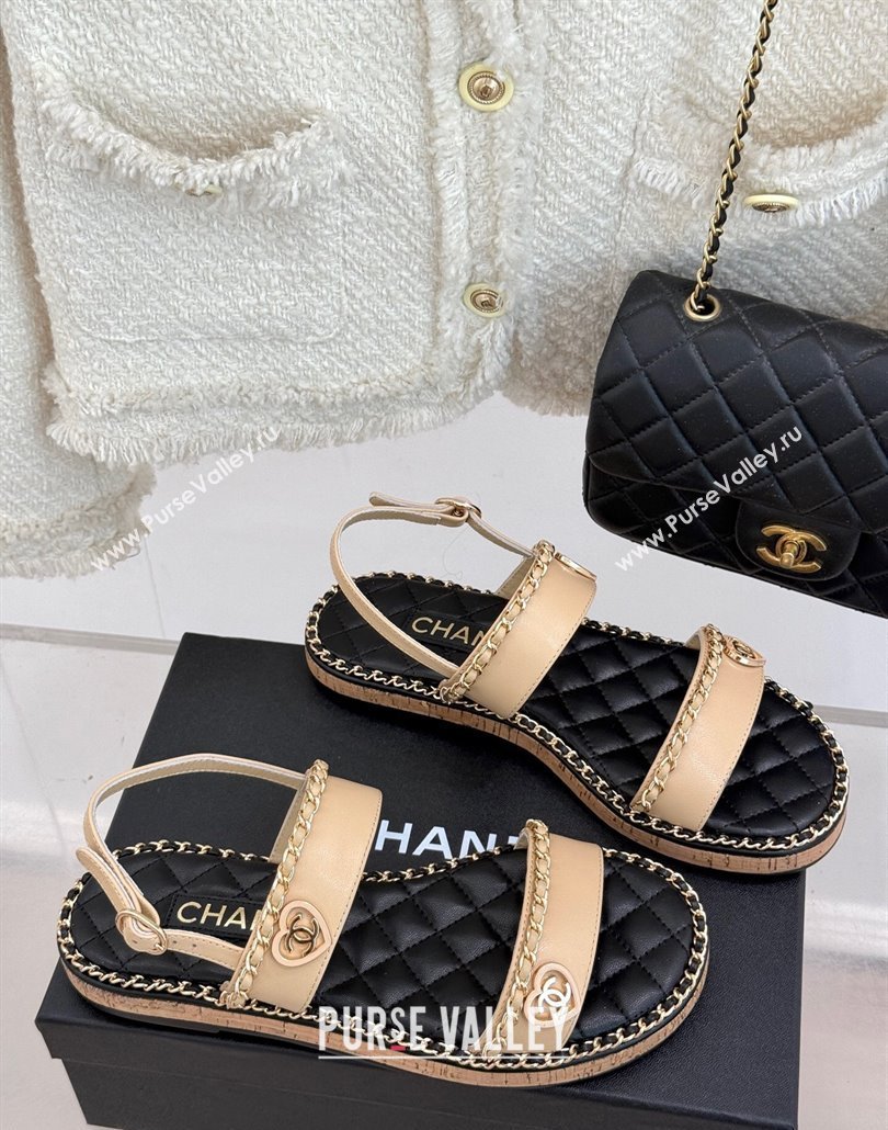 Chanel Calfskin Flat Sandals with Chain and Heart Beige 2025 CH030402 (MD-250304031)