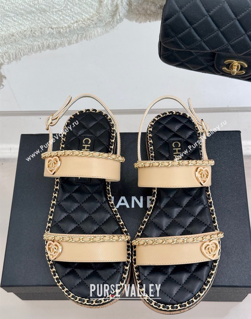 Chanel Calfskin Flat Sandals with Chain and Heart Beige 2025 CH030402 (MD-250304031)