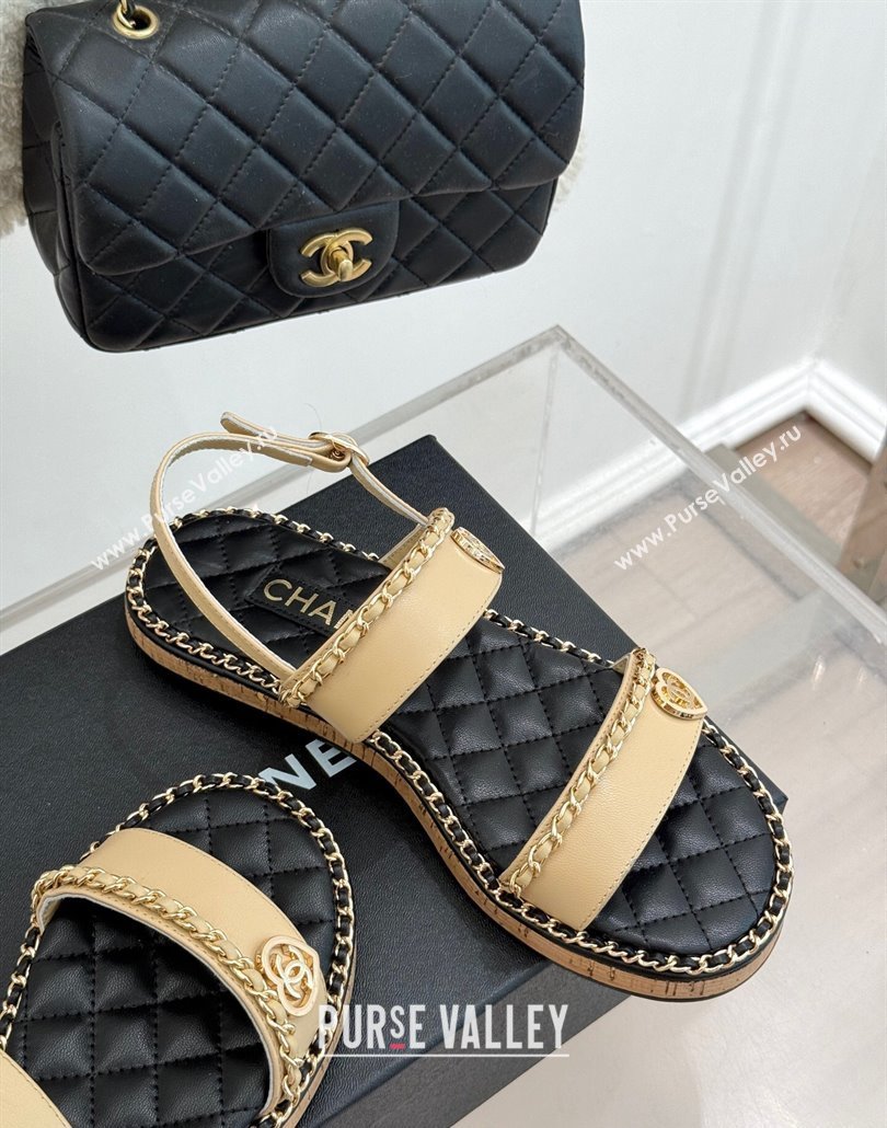 Chanel Calfskin Flat Sandals with Chain and Heart Beige 2025 CH030402 (MD-250304031)