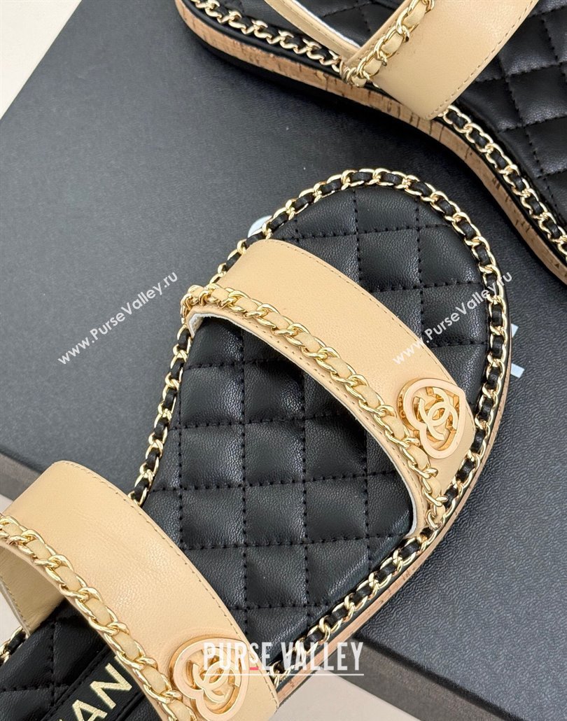 Chanel Calfskin Flat Sandals with Chain and Heart Beige 2025 CH030402 (MD-250304031)