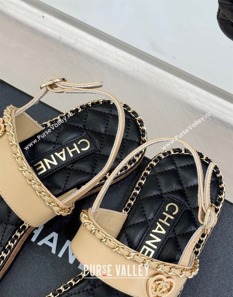 Chanel Calfskin Flat Sandals with Chain and Heart Beige 2025 CH030402 (MD-250304031)