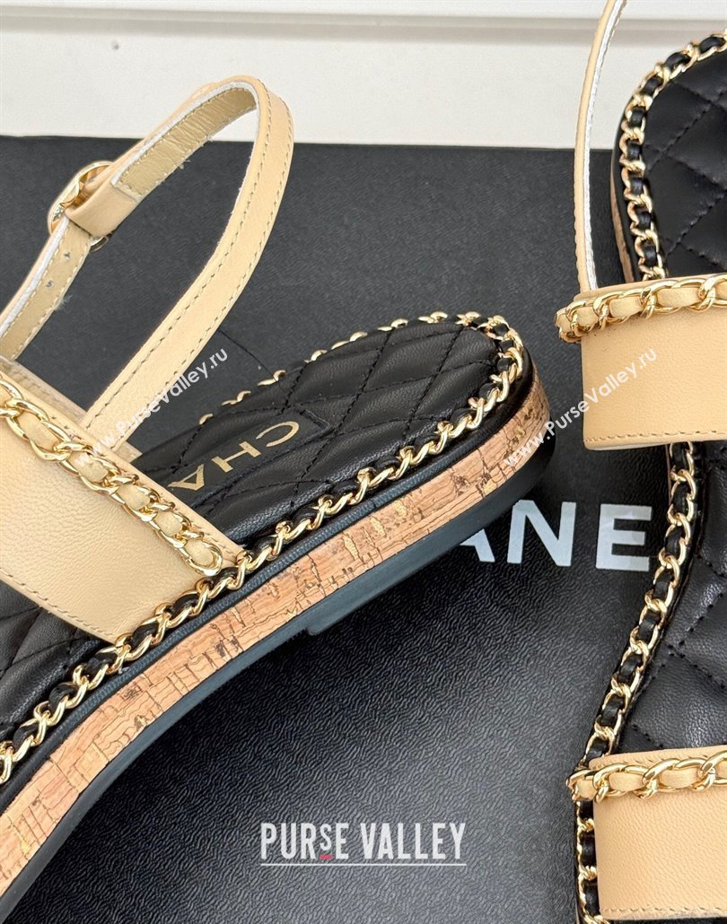 Chanel Calfskin Flat Sandals with Chain and Heart Beige 2025 CH030402 (MD-250304031)